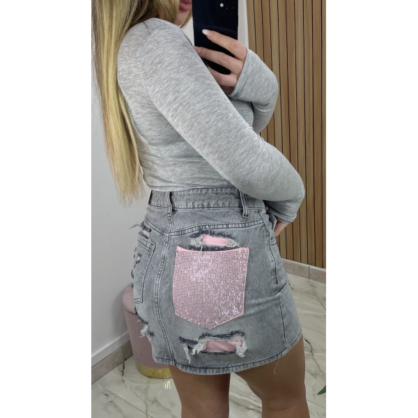 Gonna Grigia Con Tasca Strass Rosa