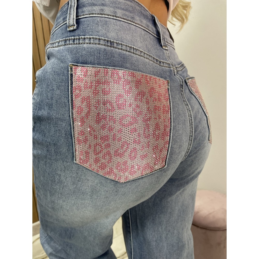 Jeans Tasca Strass Maculato Rosa