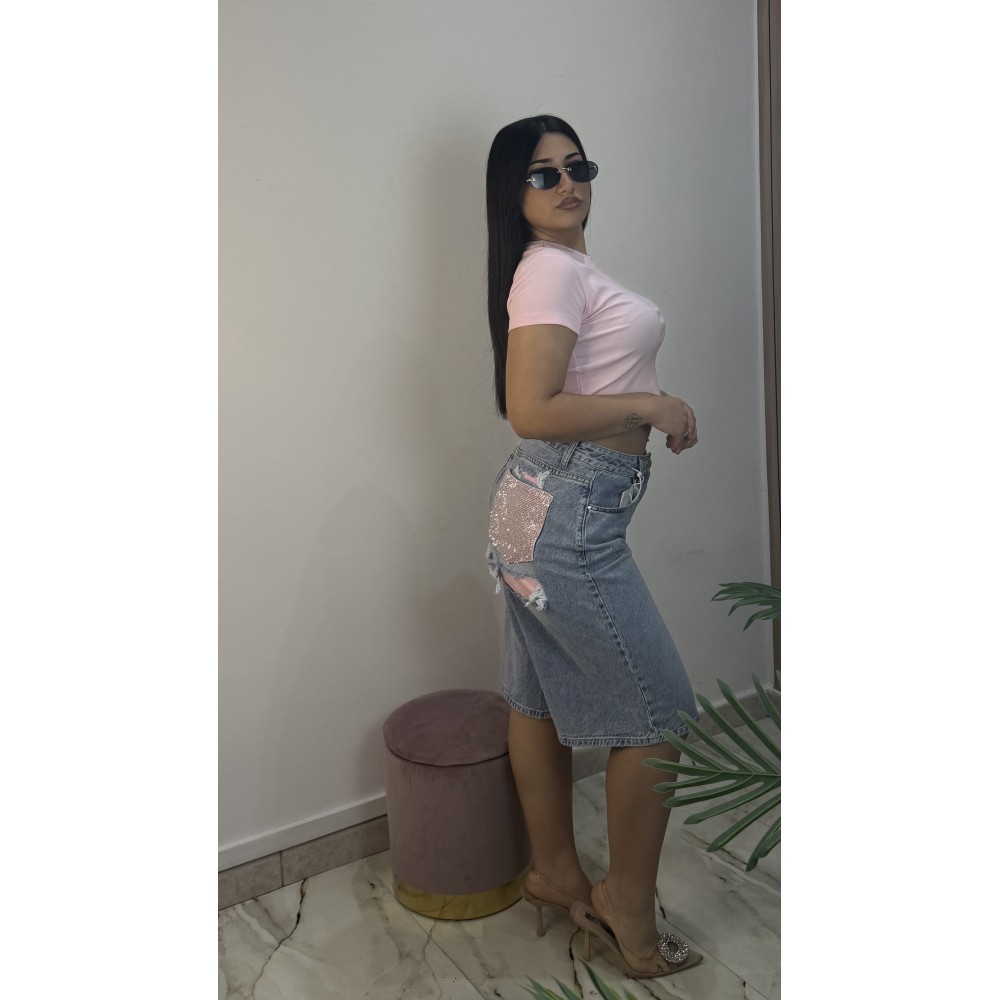 Bermuda Tasca Strass Rosa